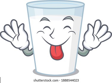 Funny glass of milk cartoon design with tongue out face. Vector illustration