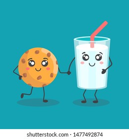 Funny Glass of Milk and Cookie food illustration. Cartoon fast food characters. Vector illustration isolated  on background. Cute food and drink with face. 