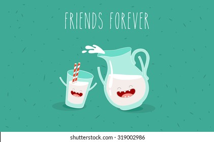 Funny glass of milk. Friends forever. Breakfast. You can use in the menu, in the shop, in the bar, the card or stickers.