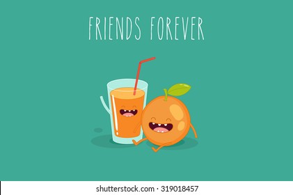 Funny glass of orange juice. Friends forever. Breakfast. You can use in the menu, in the shop, in the bar, the card or stickers.