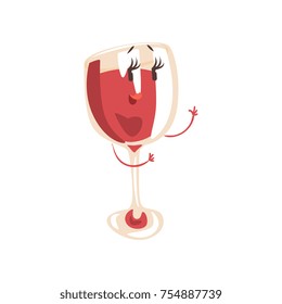 Funny glass of wine cartoon character, element for menu of cafe, restaurant, kids food, vector Illustration