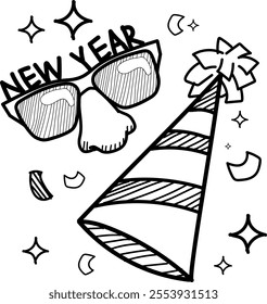 Funny glasses with new year written on them and striped cone party hats with decorations on them