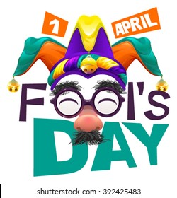 Funny glasses nose. April Fools Day lettering text for greeting card