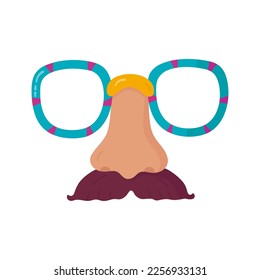 Funny glasses with nose and mustache. Vector festive mask for holiday Purim and carnival in flat style