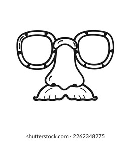 Funny glasses with nose and mustache. Vector festive mask for holiday Purim and carnival in linear doodle style