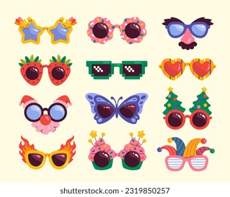 Funny glasses set. Masquerade eyeglasses on nose in form of clown, Christmas tree, strawberries and cake. Carnival masks for fancy party. Cartoon flat vector collection isolated on white background