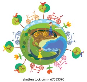 Funny globe with bycicles symbol