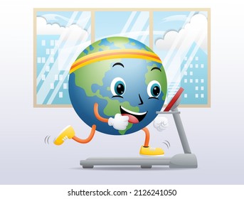 Funny Globe Cartoon Running On Treadmill