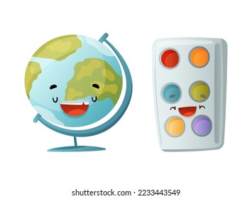 Funny Globe and Paints as School Item with Smiling Face as Cartoon Education Supply Vector Set