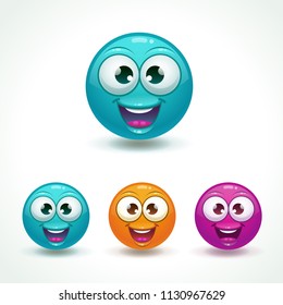 Funny glossy comic round character. Happy face emoji. Cartoon vector smile icon.