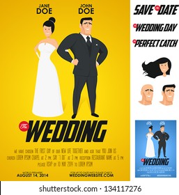 Funny glossy movie poster wedding invitation. No transparency, no gradient mesh.