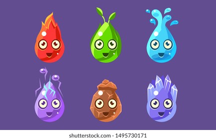 Funny Glossy Shapes Characters Set, Cute Colorful Nature Elements Interface Assets for Mobile App or Video Game Vector Illustration