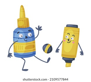 Funny Glue and Highlighter as Office Supply Humanized Character Playing Ball Vector Illustration