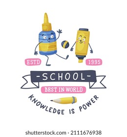 Funny Glue and Highlighter as Office Supply Humanized Character Playing Ball and Inscription Vector Illustration