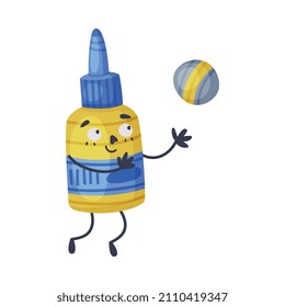 Funny Glue as Office Supply Humanized Character Playing Ball Vector Illustration