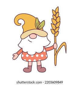Funny gnome with big wheat ear isolated on white background. Thanksgiving day concept. Cartoon style. Vector illustration.
