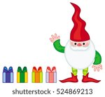 Funny gnome with boxes of presents. Cute character for Christmas decorations, greetings cards and other design artworks. Vector clip art.