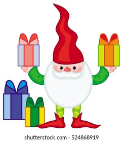Funny gnome with boxes of presents. Cute character for Christmas decorations, greetings cards and other design artworks. Vector clip art.