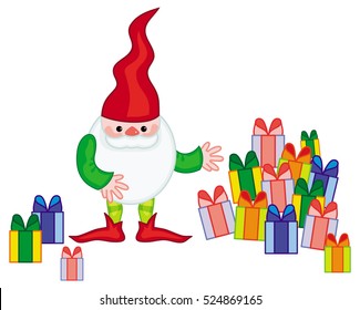 Funny gnome with boxes of presents. Cute character for Christmas decorations, greetings cards and other design artworks. Vector clip art.