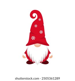Funny gnome in cap with snowflakes. Greeting little christmas character in hat covering his eyes with white vector beard