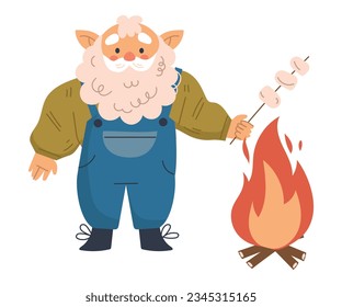 Funny Gnome Character with Beard Frying Marshmallow Vector Illustration