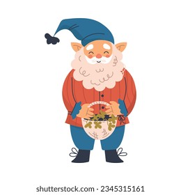Funny Gnome Character with Beard Golding Basket with Plant Vector Illustration