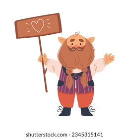 Funny Gnome Character with Beard Holding Wooden Board Vector Illustration