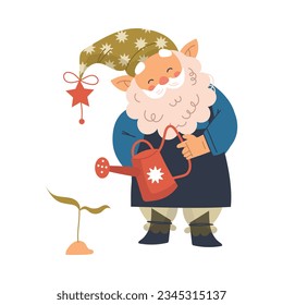 Funny Gnome Character with Beard in Pointed Hat Watering Plant Vector Illustration