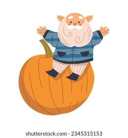 Funny Gnome Character with Beard Sitting on Orange Pumpkin Vector Illustration