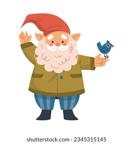 Funny Gnome Character with Beard Stand with Little Bird and Waving Hand Vector Illustration