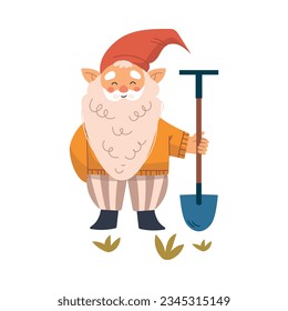 Funny Gnome Character with Beard Stand with Shovel Vector Illustration