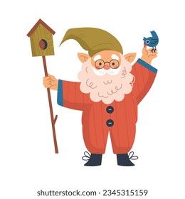 Funny Gnome Character with Beard Stand with Birdie and Bird House Vector Illustration
