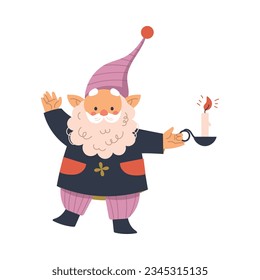 Funny Gnome Character with Beard Standing with Burning Candle Vector Illustration