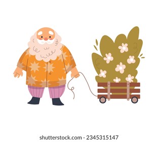 Funny Gnome Character with Beard and Trolley with Plant Vector Illustration