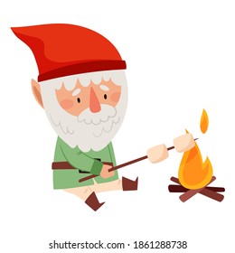 Funny Gnome Character with White Beard and Red Pointed Hat Frying Marshmallow Vector Illustration