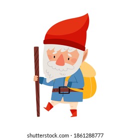 Funny Gnome Character with White Beard and Red Pointed Hat Walking with Backpack and Stick Vector Illustration