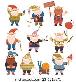 Funny Gnome Characters with Beard and Pointed Hat in Garden Vector Set