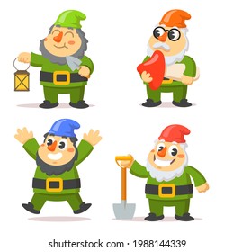 Funny gnome characters flat vector illustrations set. Cartoon dwarfs holding lantern, mushroom and shovel isolated on white background. Decoration, garden, fairytale concept