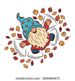 Funny gnome cute character. Fall fun. Autumn leaves. Quirky scandinavian gnome playing with dry leaves. Snow angel leaf angel figure. Fall outdoor activity. Thanksgiving greeting design element. 