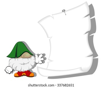 funny gnome with empty sheet of paper scroll on the wall. vector illustration