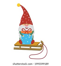 funny gnome with a gift on a sled for Christmas, vector isolated illustration in flat style