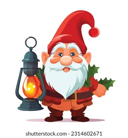 Funny gnome holding lantern illustration flat style