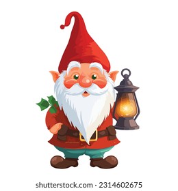 Funny gnome holding lantern illustration flat style