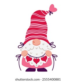 A funny gnome holds a festive garland with hearts in his hands. Cute elf with beard, in a red and pink suit, a striped hat. Happy Valentine's Day party, romantic surprise. Hand drawn isolated clipart