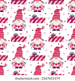 A funny gnome holds a garland with hearts, seamless vector pattern. Elf with beard, in a red and pink suit, a striped hat. Happy Valentine's Day. Romantic gift, surprise for a date. Love background