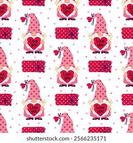 A funny gnome holds a heart, seamless vector pattern. A cute bearded elf in a pink and red suit and hat wishes a Happy Valentine's Day. Gifts for the holiday, love party, romantic surprise. Hand drawn