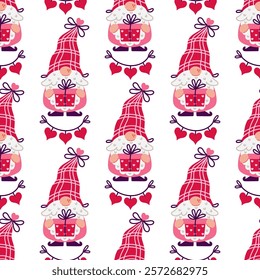 A funny gnome holds a surprise gift, seamless vector pattern. Elf with beard, in a red and pink suit, a checkered hat. Happy Valentine's Day. Romantic date, wedding, love party. Cute cartoon ornament