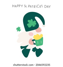 Funny gnome with mug of beer. Saint Patrick's day. Hand drawn vector illustration on white background. 