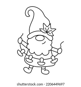 Funny gnome with mushroom garland. Thanksgiving day character. Doodle style. Outline vector illustration. Ideal for coloring books, stamps, greeting cards and others. 
