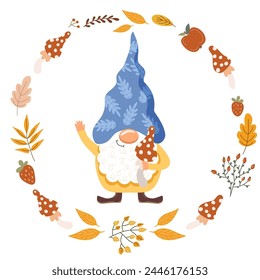 Funny gnome with a mushroom. Vector illustration